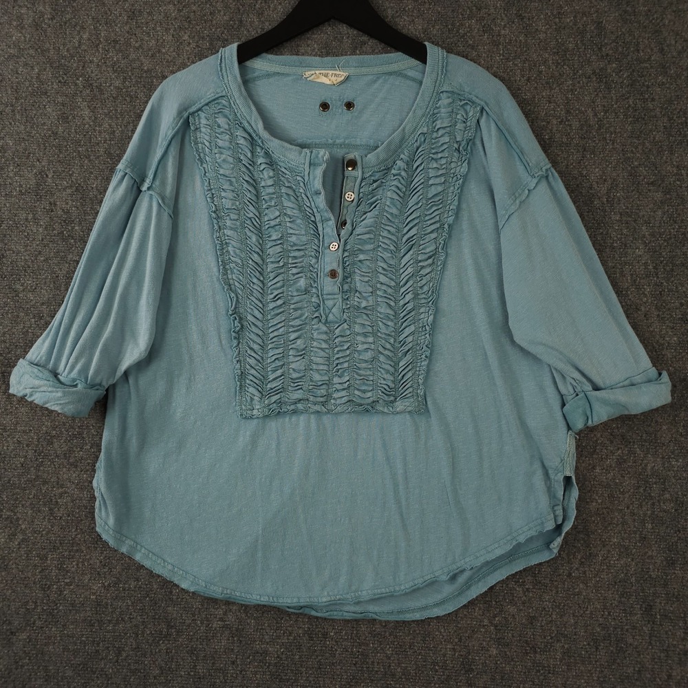 Free People Shirt Womens Small Blue Redone Tee Cuffed Sleeve Shirred Front‎ Boho